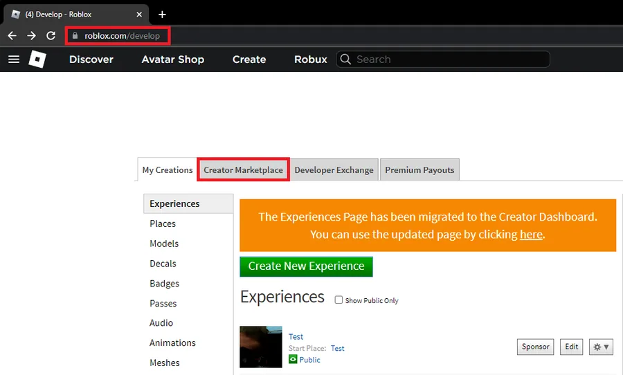 Roblox.com > Create > Creator Marketplace