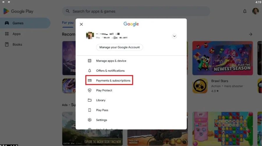 Google Play Store > Google Account > Payments & Subscriptions