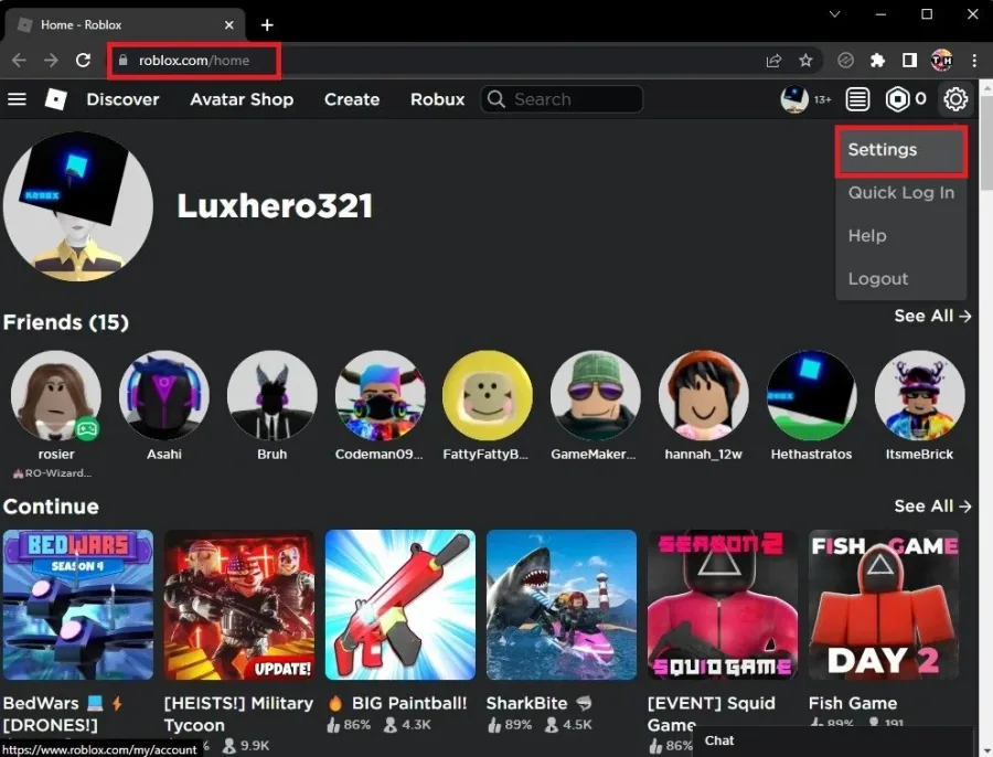 Roblox Homepage > Settings