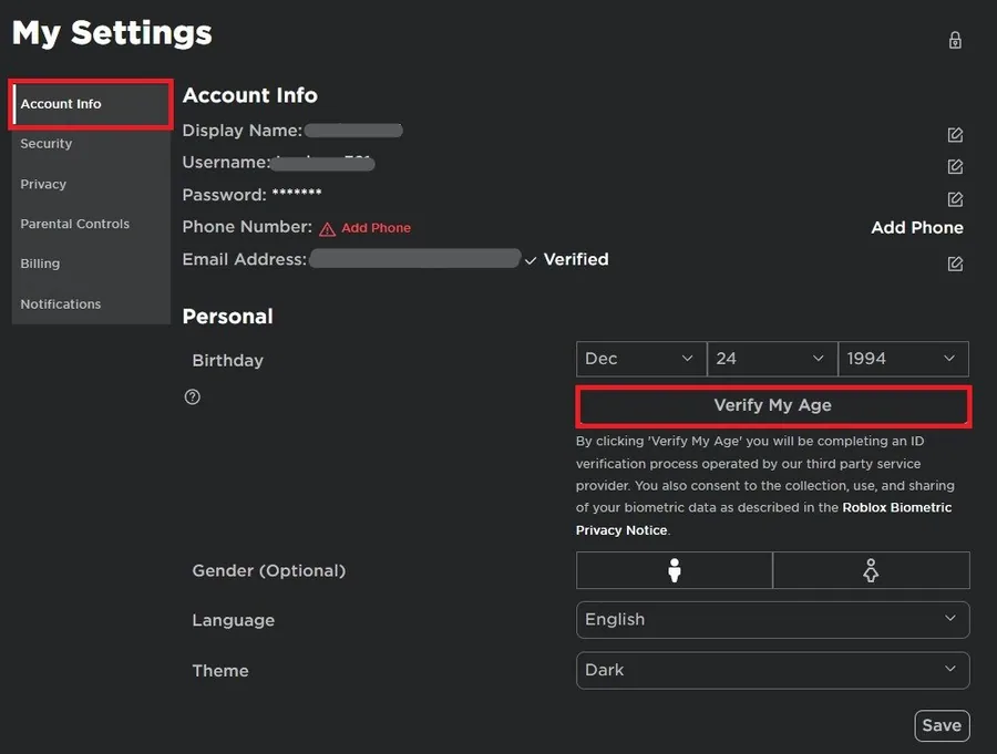 Roblox Settings > Account Information