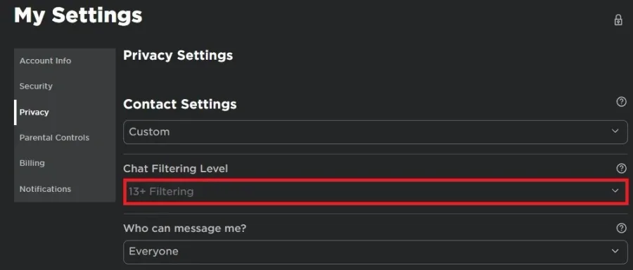 Roblox Settings > Privacy > Chat Filtering Level