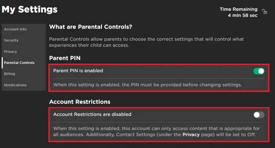 Roblox Account Settings > Account Restrictions