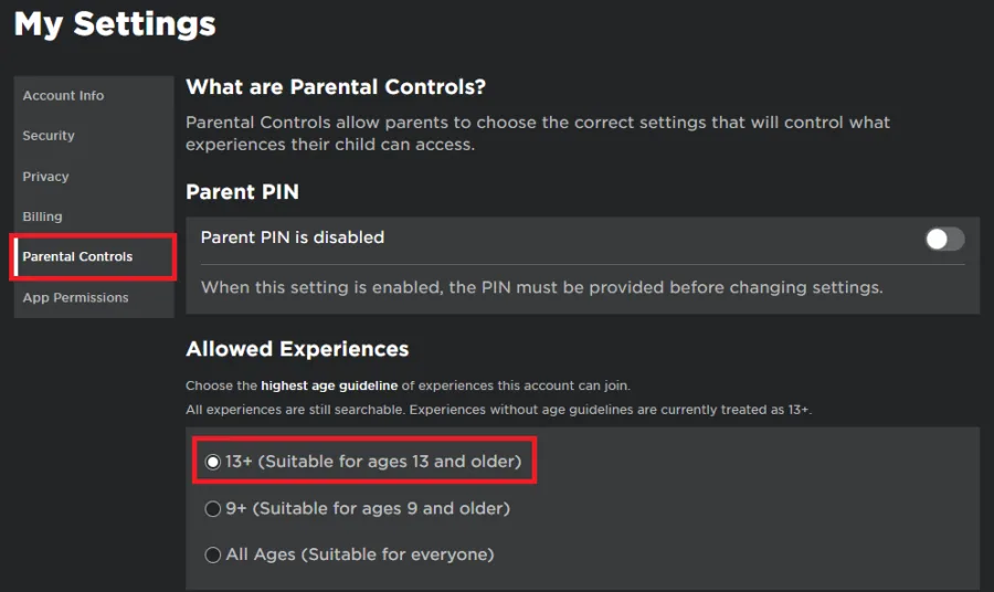 roblox parental controls settings