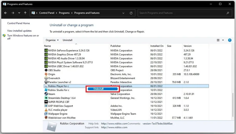 Control Panel > Programs > Programs and Features