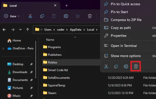 delete roblox folder