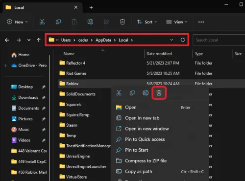 delete the roblox folder