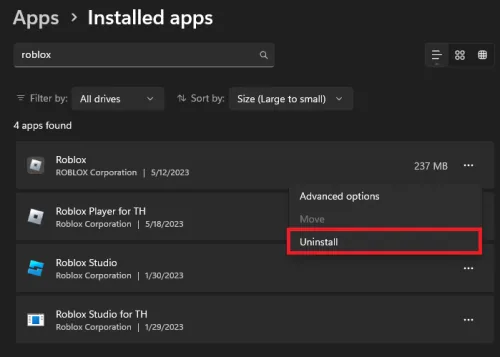 uninstall roblox