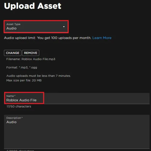upload audio asset