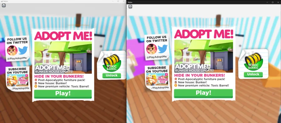 The two Roblox windows side-by-side