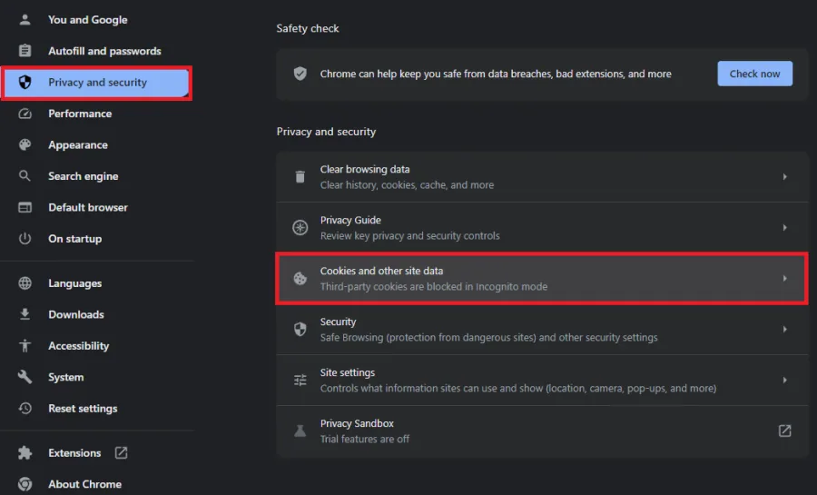 cookies and other site data