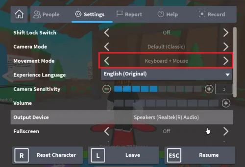 Roblox Settings > Movement Mode > Keyboard + Mouse