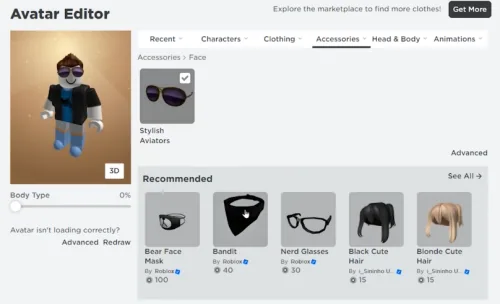 equip a face accessory in roblox