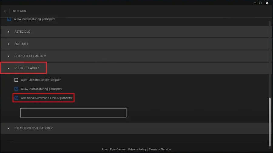 Epic Games > Settings > Rocket League > Additional Command Line Arguments