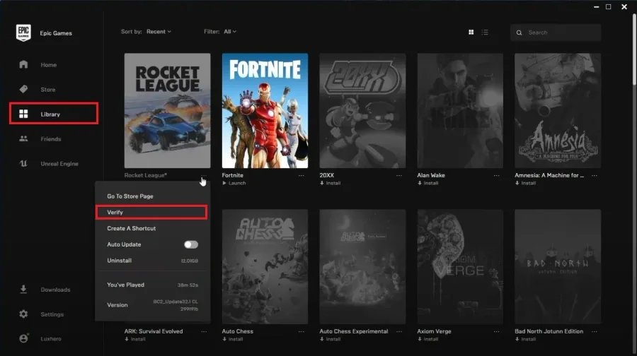 Epic Games library > Rocket League > Verify