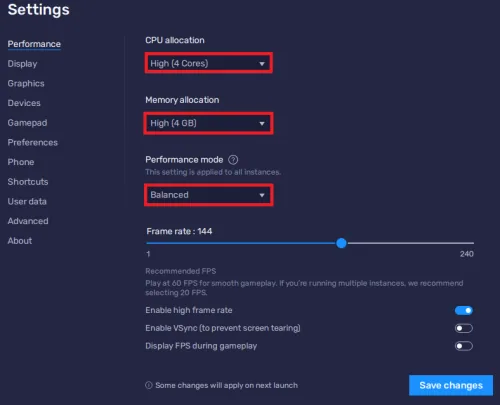 BlueStacks Settings > Performance