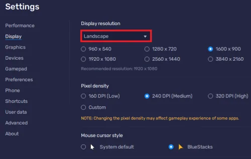 BlueStacks Settings > Display