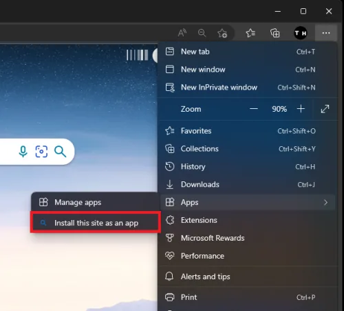 Bing.com > Apps > Install this site as an app