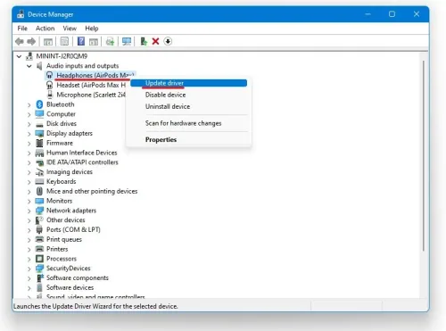 Device Manager > Audio inputs and outputs > Update Driver