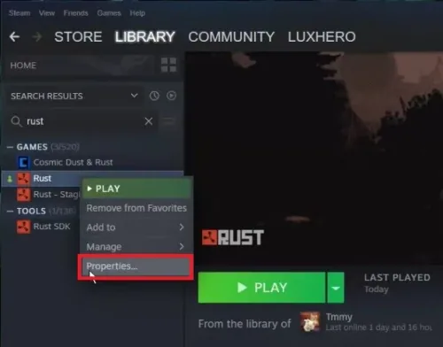Steam Library > Rust > Properties