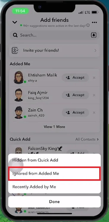ignored from added me