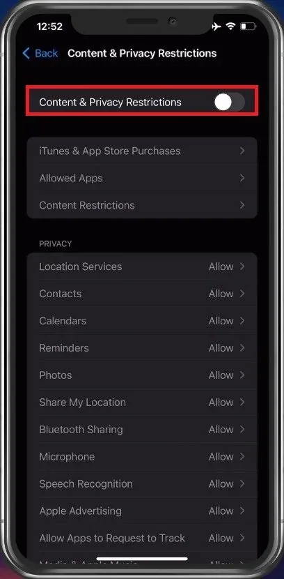 Screen Time > Content & Privacy Restrictions