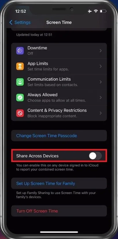 Screen Time > Share Across Devices (Disabled)
