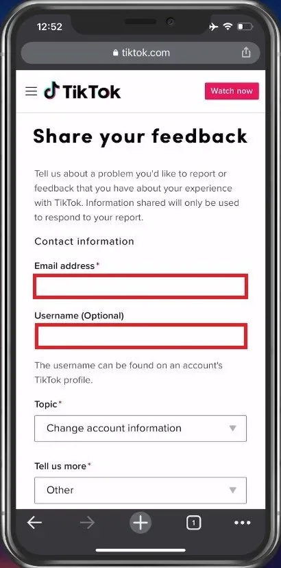 Enter email address and TikTok username