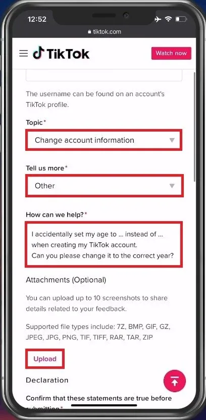Request the age chage from TikTok support