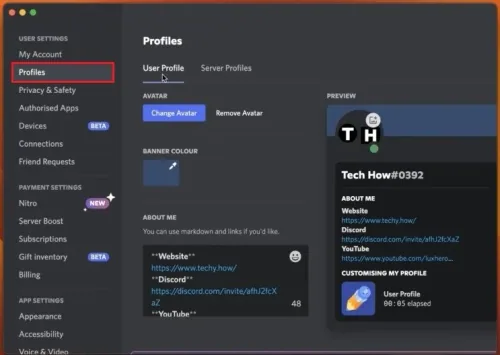 Discord User Settings > Profiles
