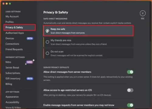 Discord User Settings > Privacy & Safety