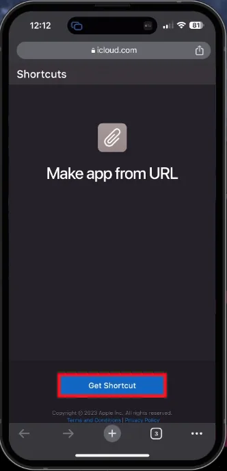 tap get shortcut make app from URL