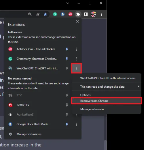 Chrome Extensions > WebChatGPT > Remove from Chrome