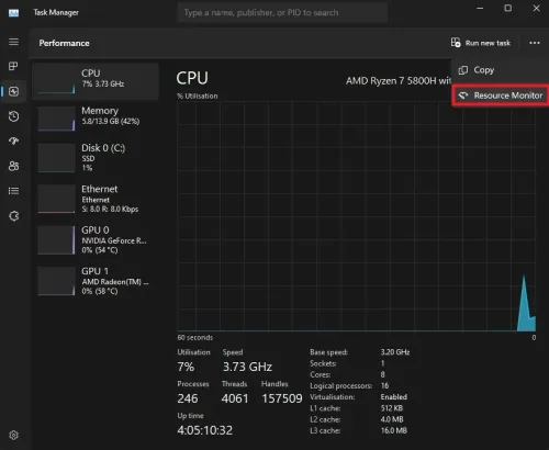 Task Manager > Performance > Resource Monitor