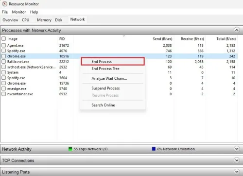Resource Monitor > Network > Processes with Network Activity