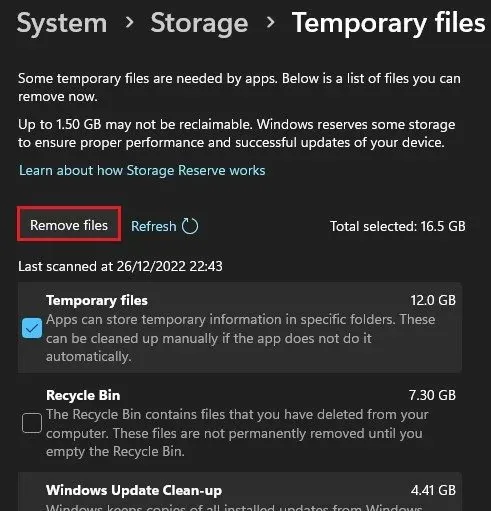 System Settings > Storage > Temporary files
