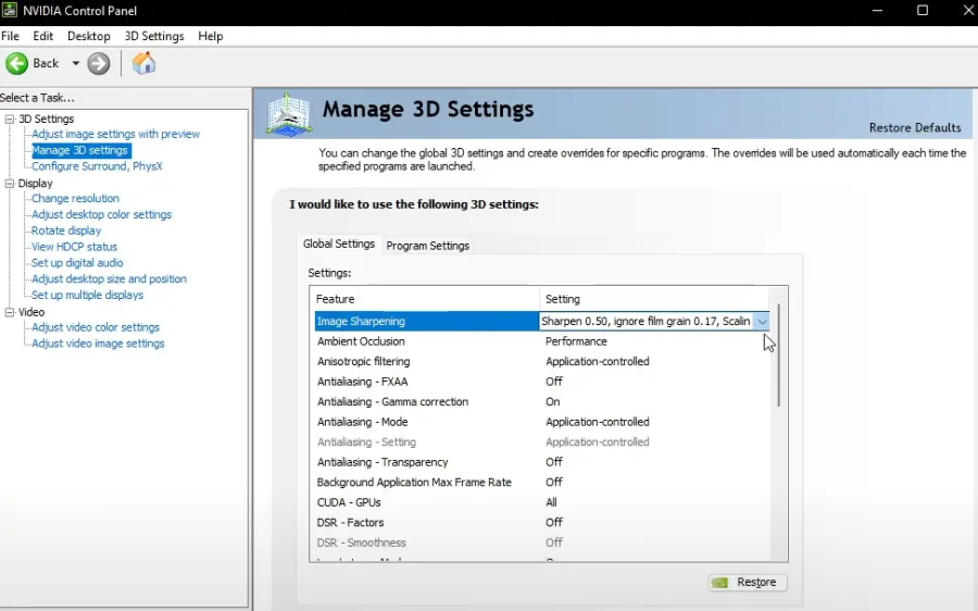 NVIDIA Control Panel > Manage 3D Settings > Global Settings