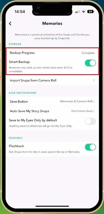 Snapchat Settings > Memories > Backup Progress
