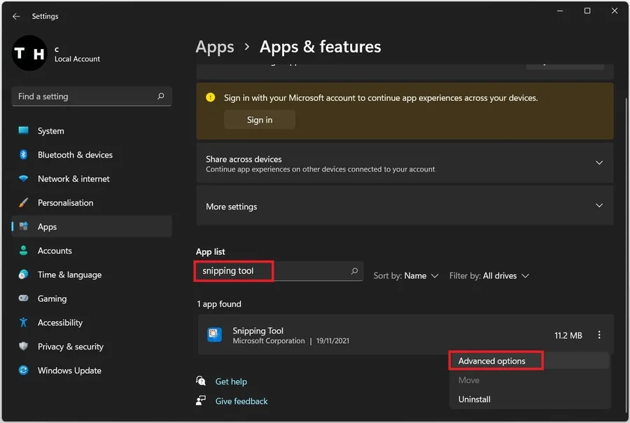 Apps & Featues > Snipping Tool > Advanced Options