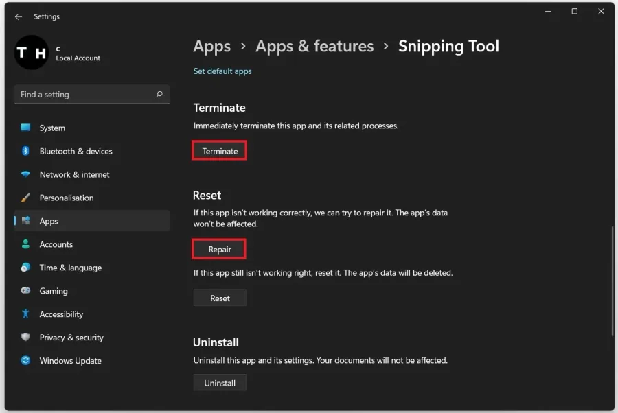 Apps & Features > Snipping Tool > Repair