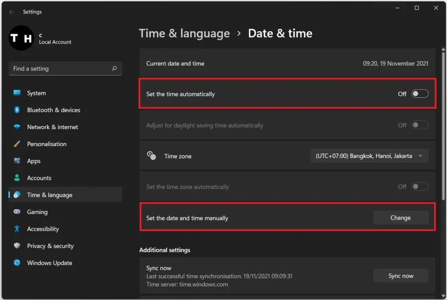 Windows Settings > Time & Language > Date & Time
