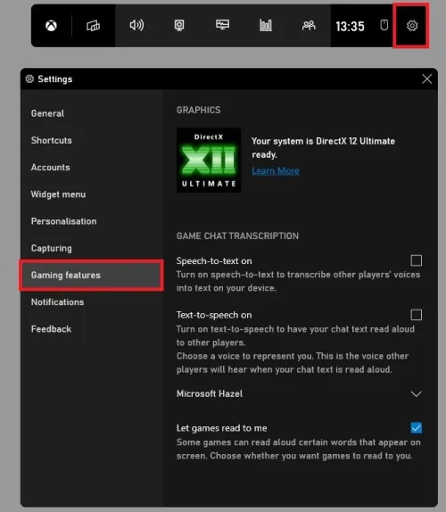 Xbox Game Bar Options > Gaming Features