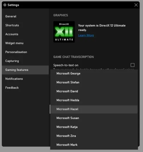 Xbox Game Bar Settings > Gaming Features > Speech-to-text on