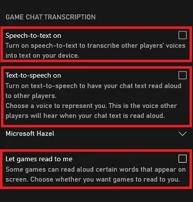 Xbox Game Bar Settings > Gaming Features > Let games read to me option