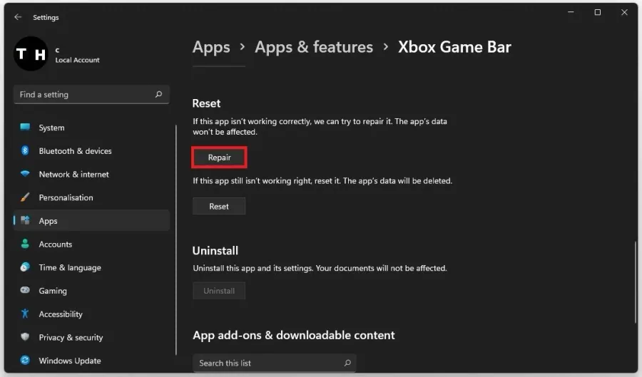 Apps & Features > Xbox GAme Bar > Repair