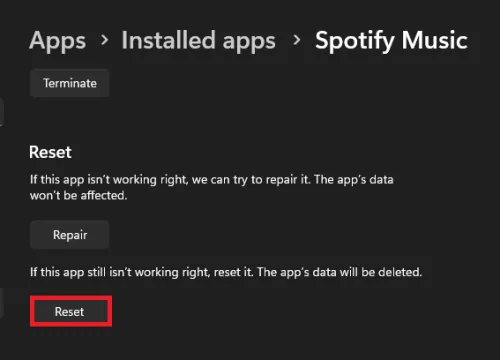 reset the spotify app