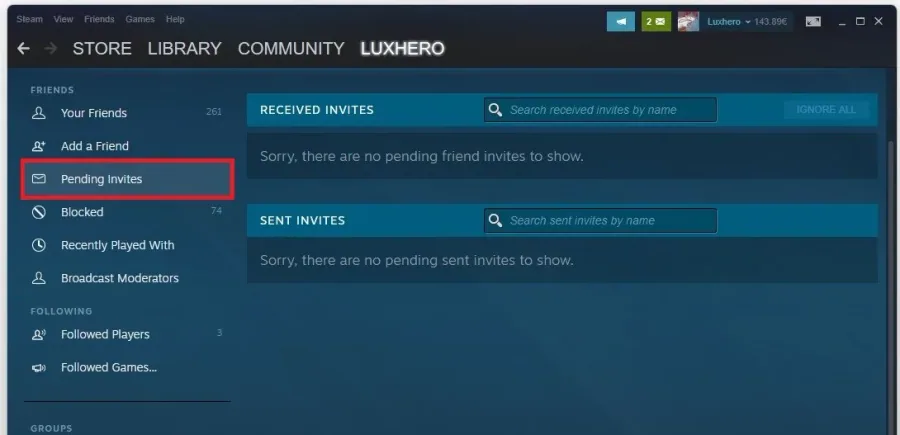 Steam Profile > Friends > Pending Invites