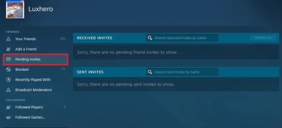Steam Profile > Friends > Pending Invites