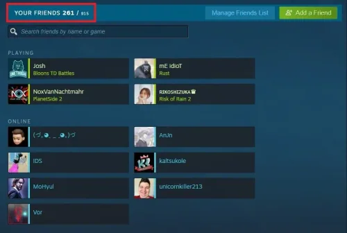 Steam > Your Friends > Number of friends you can have with your Steam level