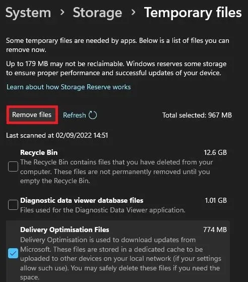 System Settings > Storage > Temporary Files > Remove Files