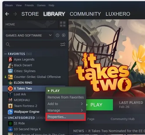 Steam Library > Game Properties